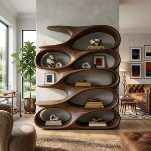 Modern Sculptural Bookshelf With Carved Flowing Shelves For Home