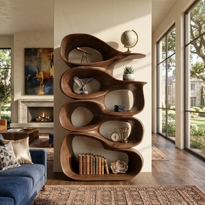 Artistic Wooden Bookshelf With Sculptural Display Shelving For Home Decor