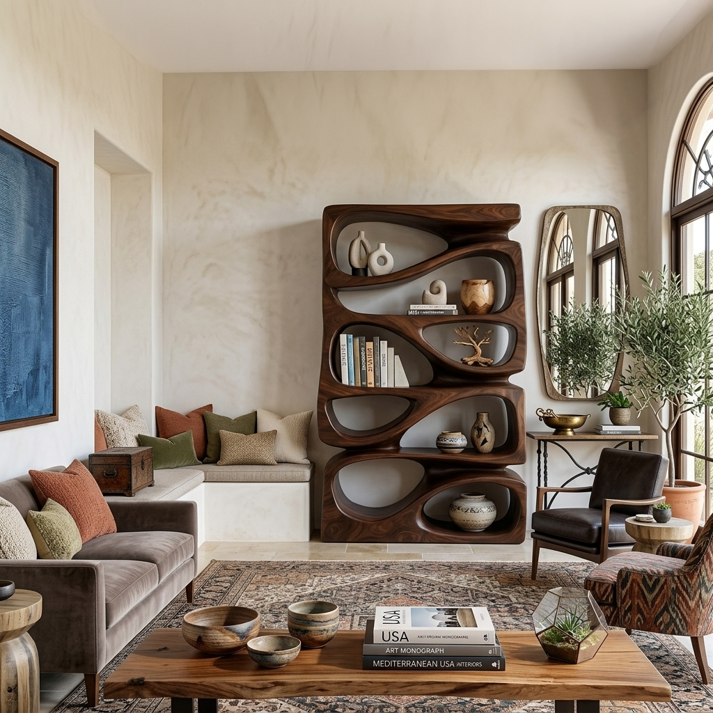 Organic Bookshelf With Display and Storage For Living Room