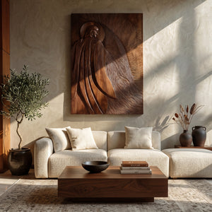 Contemporary Wooden Wall Art With Carved Figure For Living Room