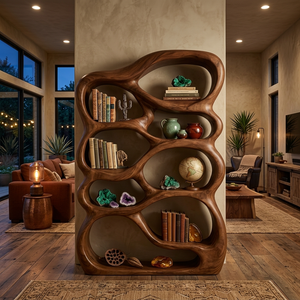 Handcrafted Bookshelf With Curved Open Compartments For Living Room