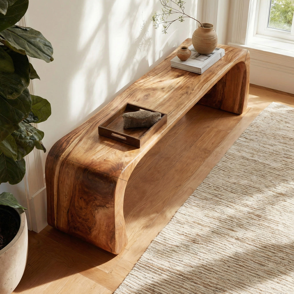 Contemporary Wood Curved Bench For Entryway Or Living Room