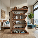 Wooden Bookshelf With Flowing Sculptural Silhouette For Living Room