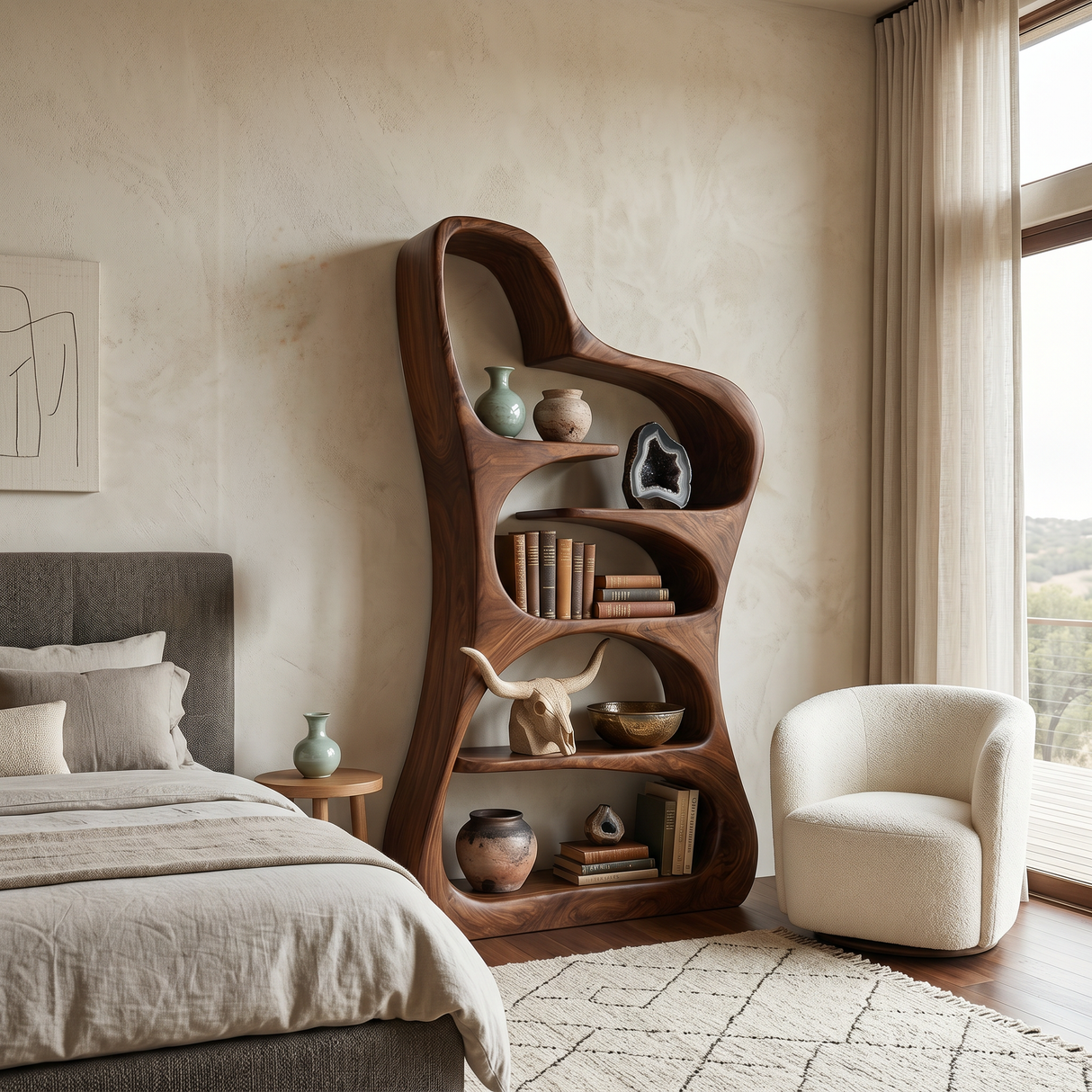 Luxury Sculptural Form Wooden Bookshelf For Living Room
