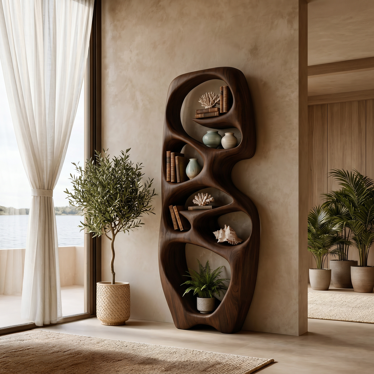 Contemporary Wooden Bookshelf Fluid Sculptural Design For Living Room