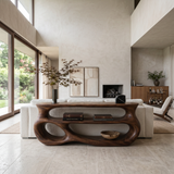 Contemporary Wooden Console Table With Rounded Sculpture For Living Room