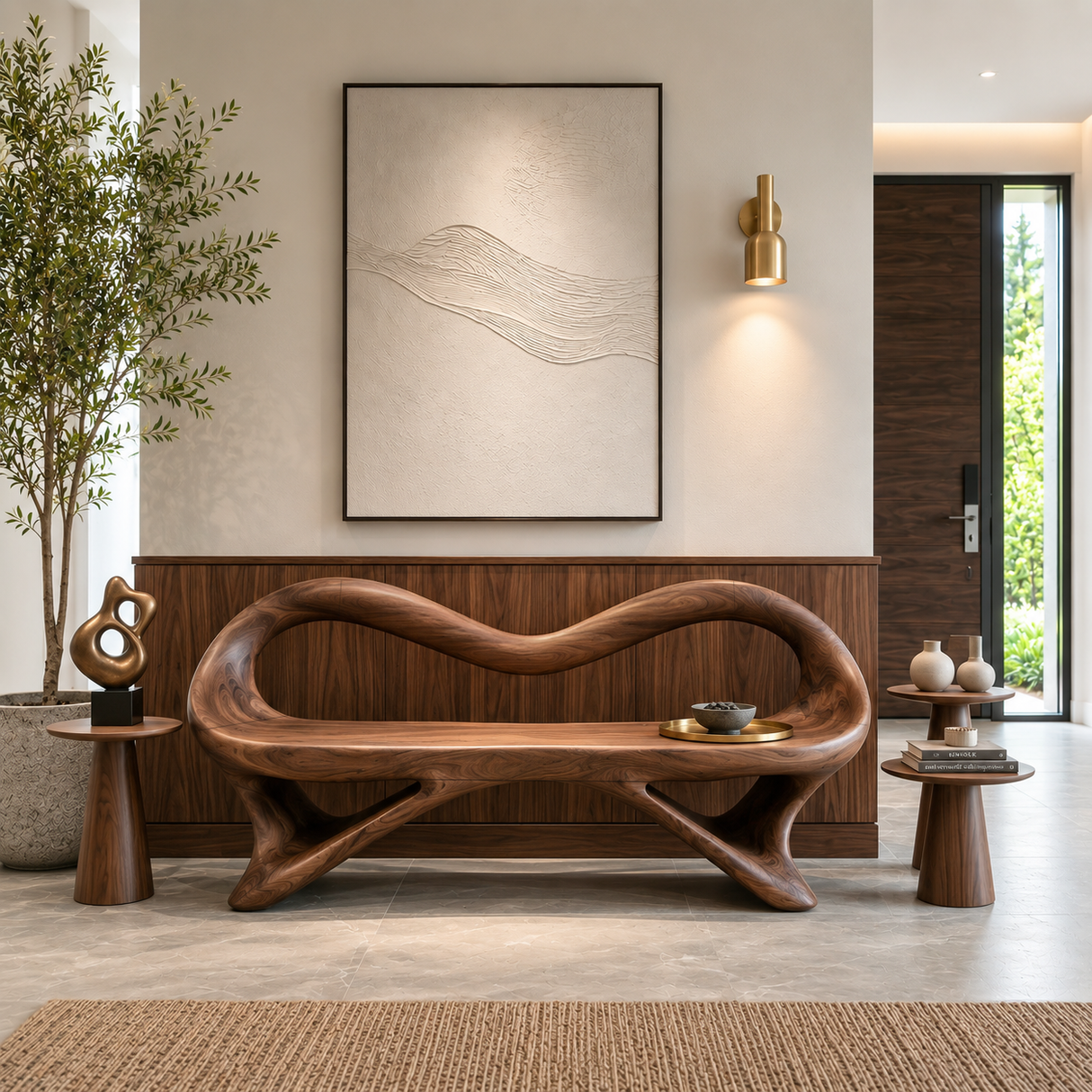Fluid Wooden Bench With Artistic Open Frame For Hallway