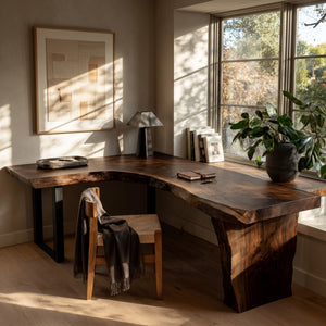 Organic Wooden L Desk With Live Edges For Minimalist Workspace