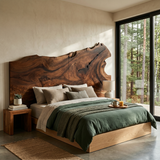 Natural Live Edge Wood Headboard For Contemporary Forest View Bedroom