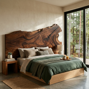 Natural Live Edge Wood Headboard For Contemporary Forest View Bedroom