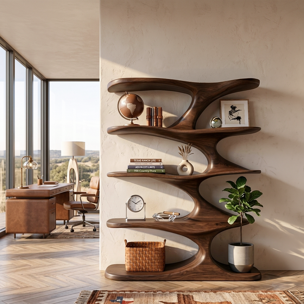Natural Wood Bookshelf With Decorative Open Shelving For Living Room