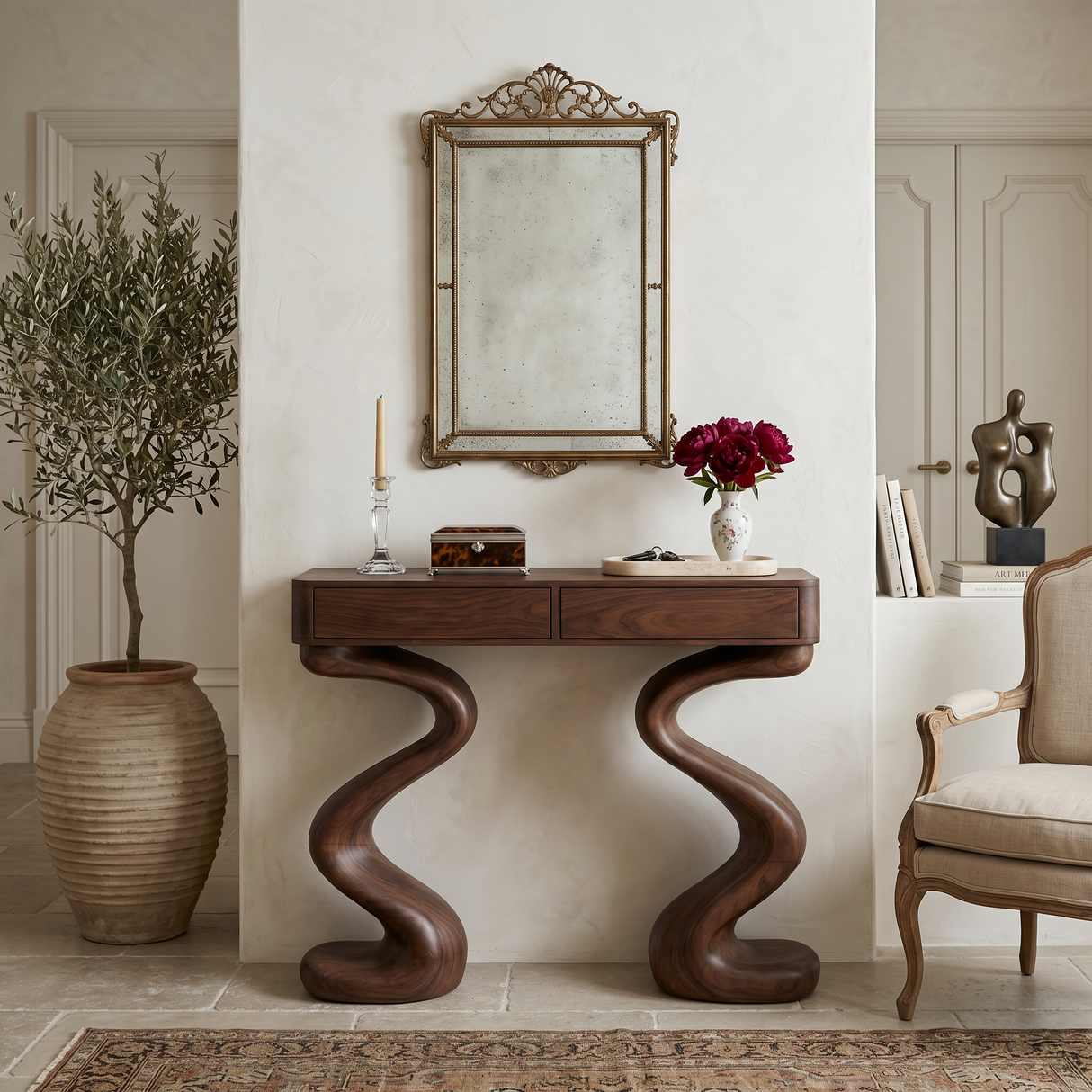 Contemporary Wood Console Table With Undulating Double Base For Home