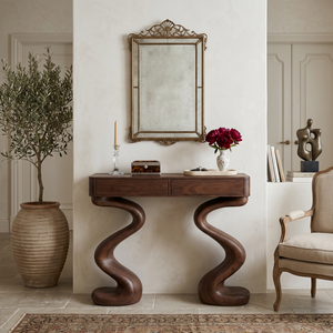 Contemporary Wood Console Table With Undulating Double Base For Home