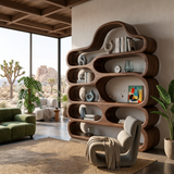 Curved Wooden Bookshelf With Display Shelves For Living Furniture
