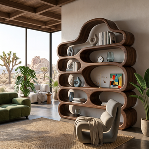 Curved Wooden Bookshelf With Display Shelves For Living Furniture