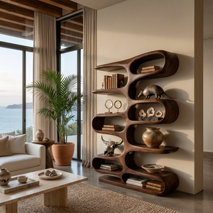 Contemporary Wooden Bookshelf With Sculptural Form For Living Room