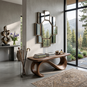 Rustic Wooden Bench With Sculptural Base For Entryway
