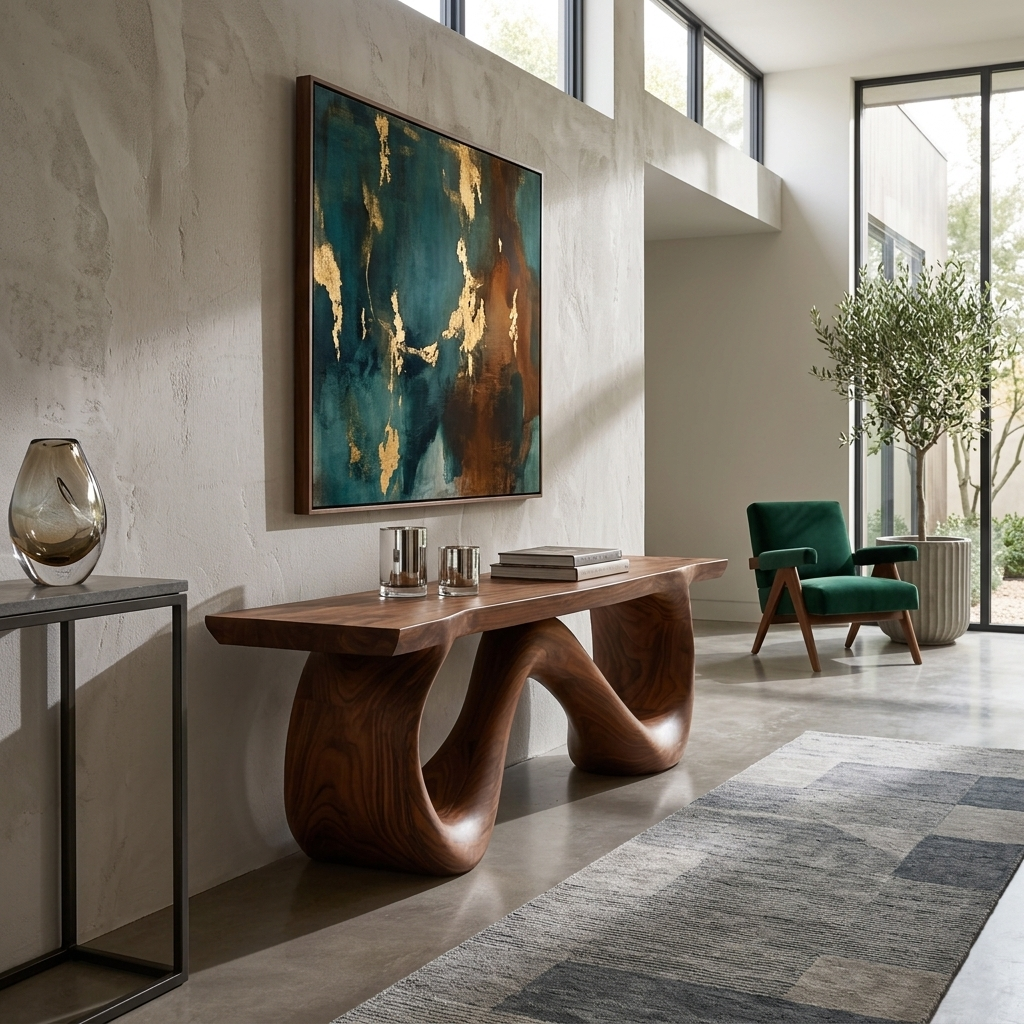 Organic Wooden Bench With Flowing Ribbon Base For Entryway