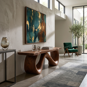 Organic Wooden Bench With Flowing Ribbon Base For Entryway