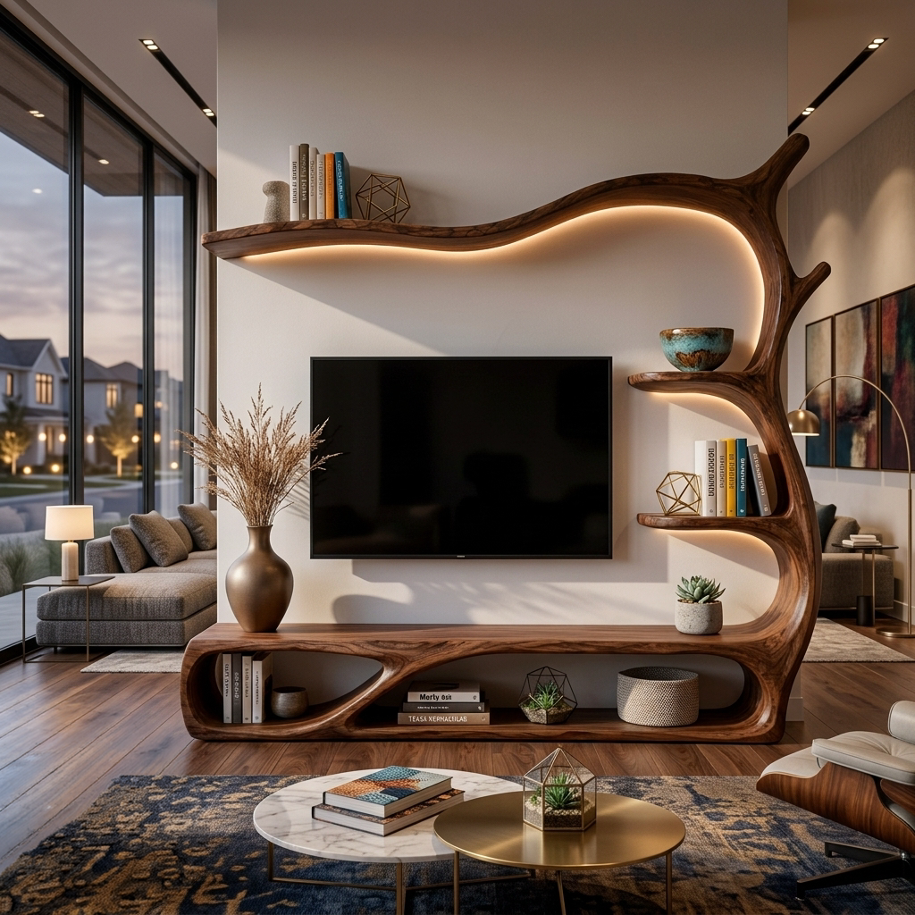 Rustic Wooden TV Stand Sculptural Flow Form For Living Furniture