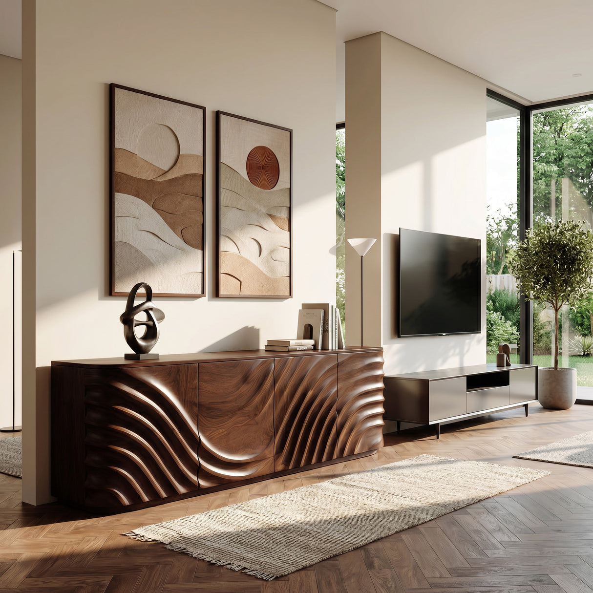 Modern Wooden Sideboard With Carved Door For Minimalist Living Space