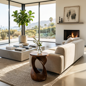 Wooden Side Table With Sculptural Twisted Base For Living Room