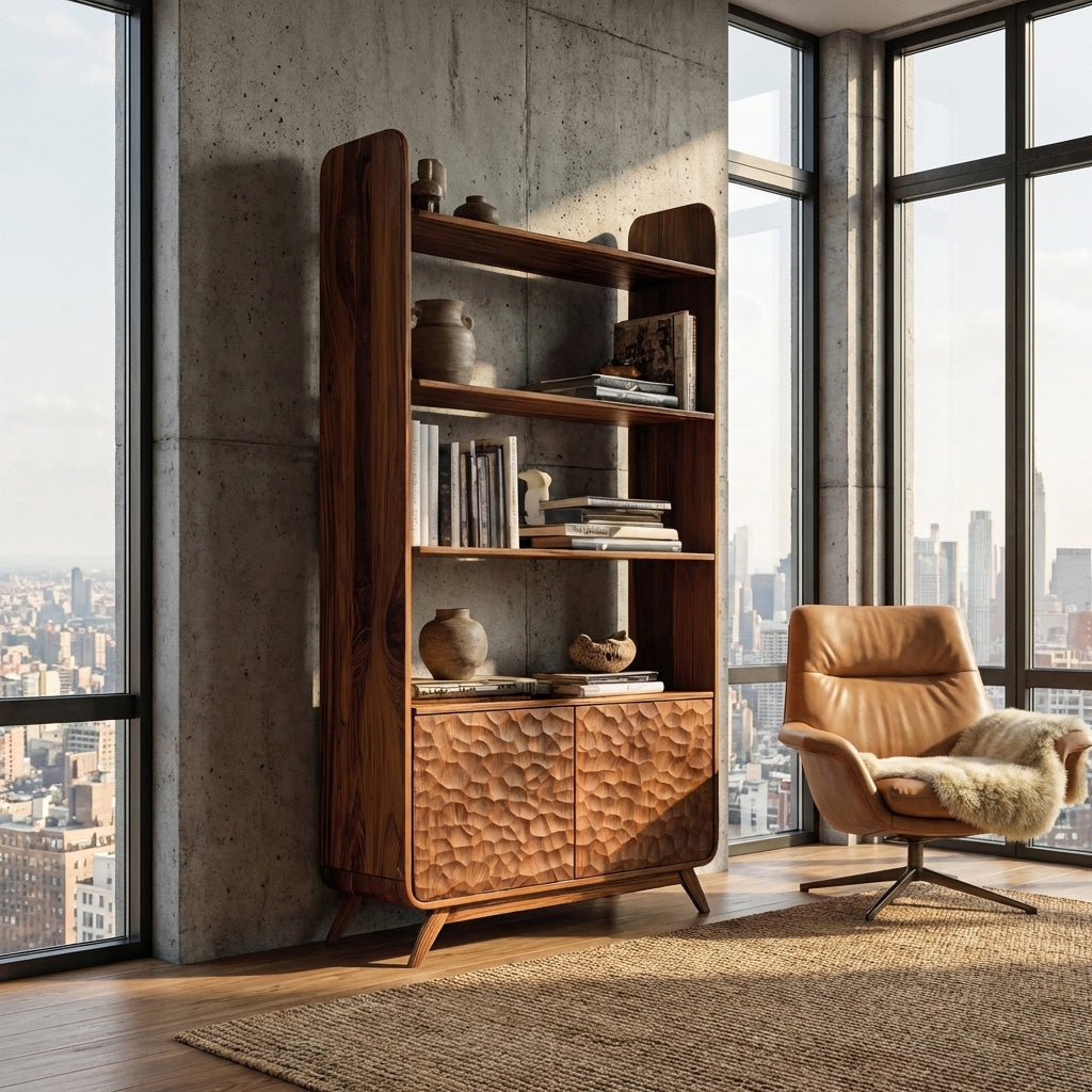 Luxury Solid Wood Bookshelf With Sculpted Door Panels