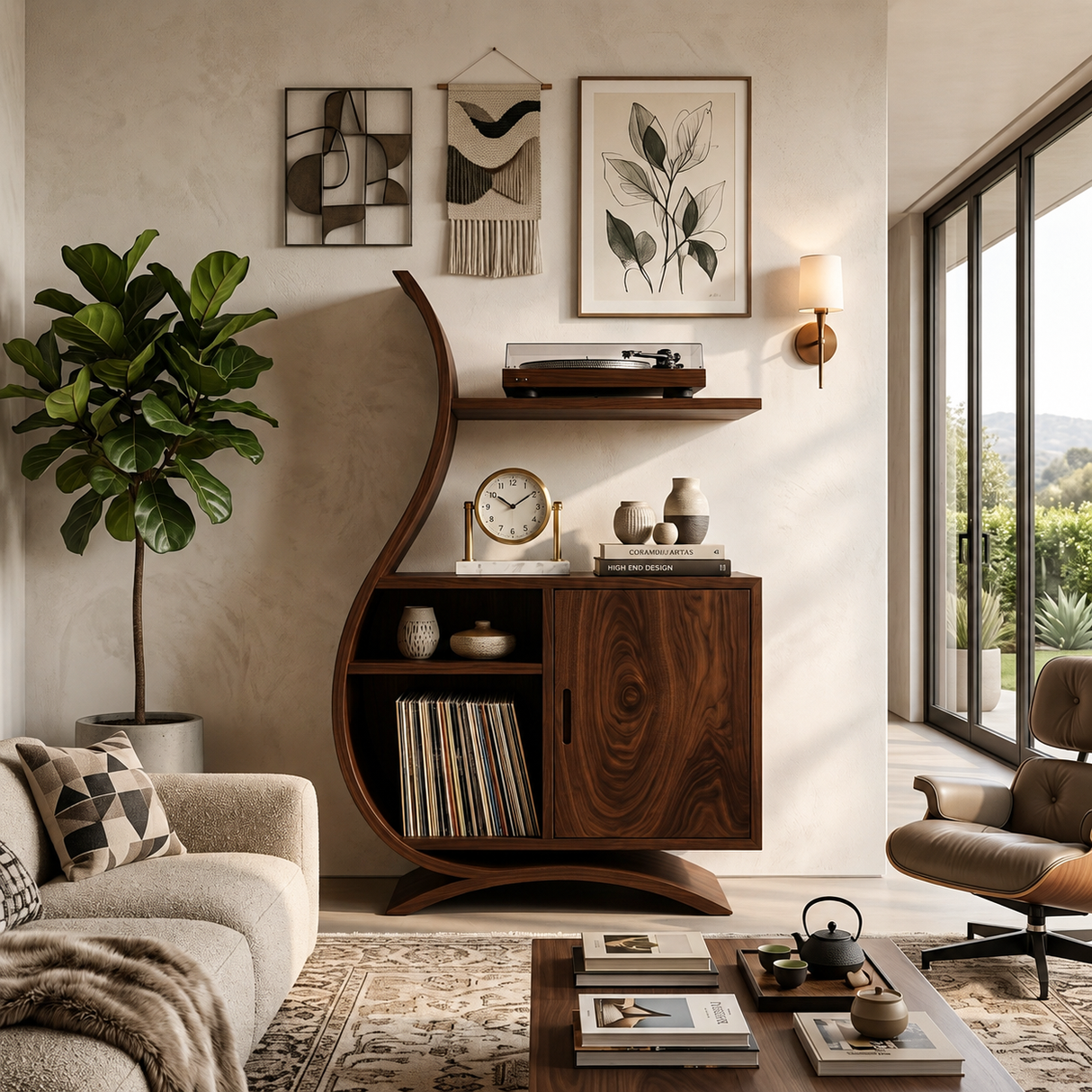 Minimalist Wooden Undulating Record Player Stand For Home Decor