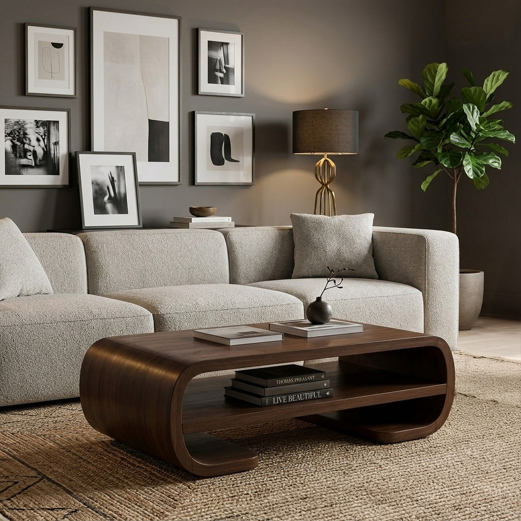 Contemporary Organic Coffee Table With Storage Shelf For Living
