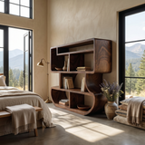 Modern Curved Wooden Bookcase With Integrated Open Storage
