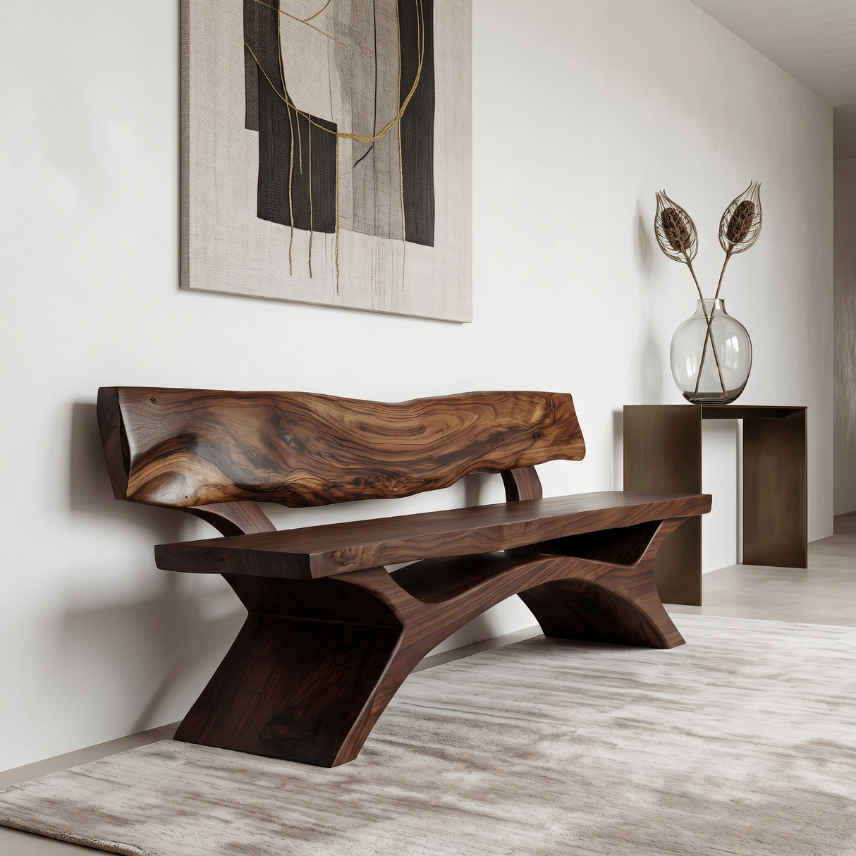 Contemporary Wooden Bench With Live Edge Backrest For Living Room