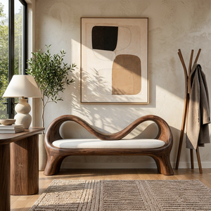 Handcrafted Bench With Undulating Backrest For Organic Entryway