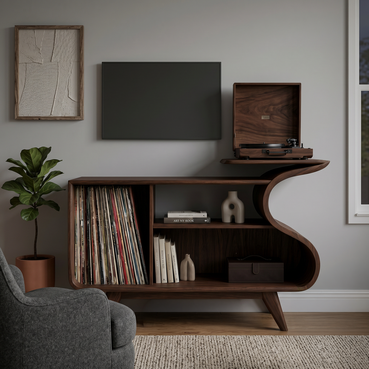 Wooden Record Player Cabinet With Integrated Shelving For Living Room
