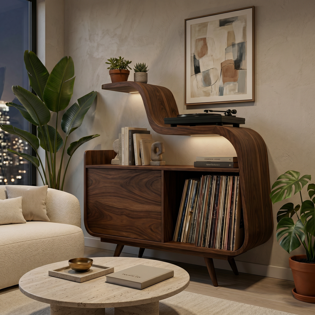 Organic Record Player Cabinet With Unique Curved Shelf For Home