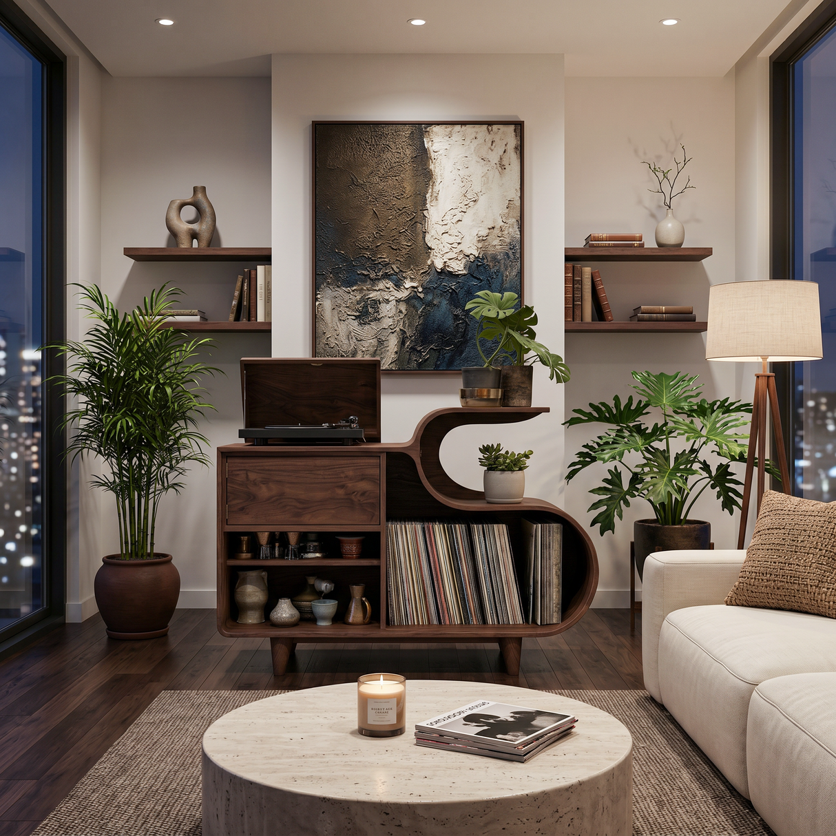 Wooden Vinyl Record Cabinet With Integrated S-Shaped Shelf For Living