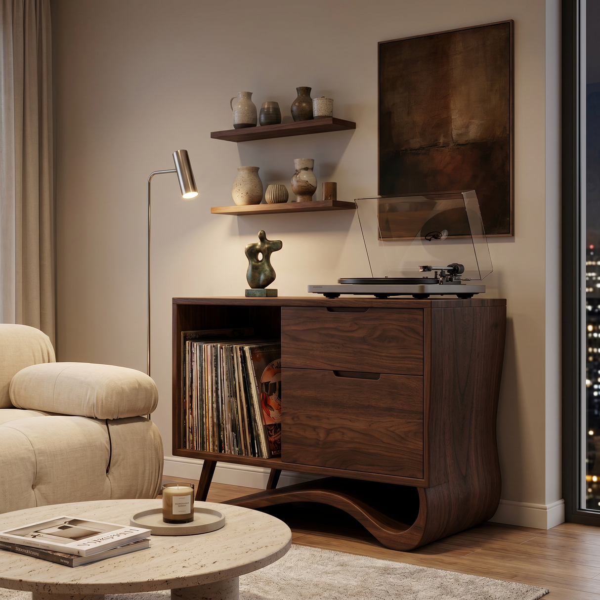 Contemporary Wooden Record Player Stand With Curved Base For Home