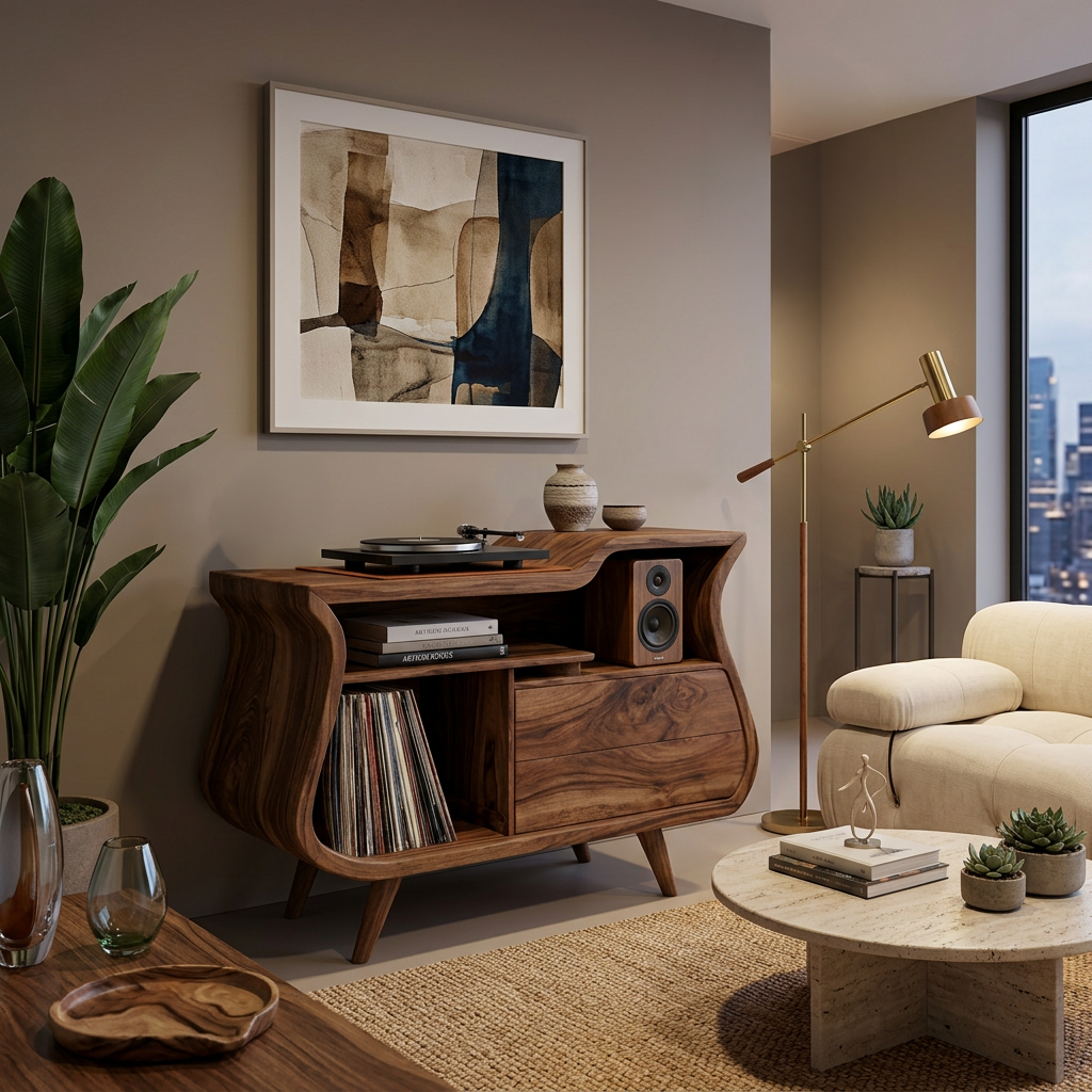 Rustic Wooden Record Storage Cabinet With Drawers For Living Room