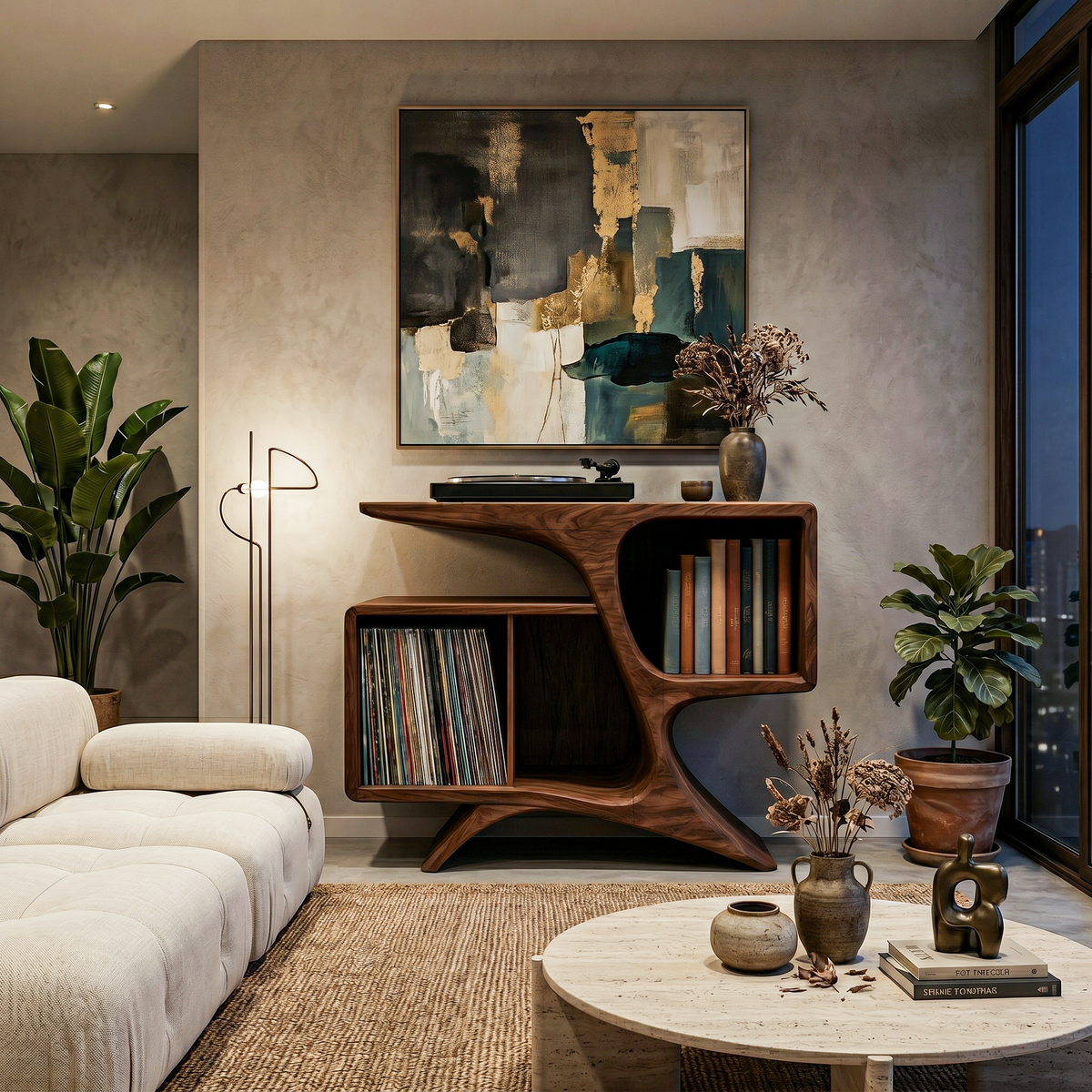 Rustic Sculptural Wooden Record Cabinet For Living Room Furniture