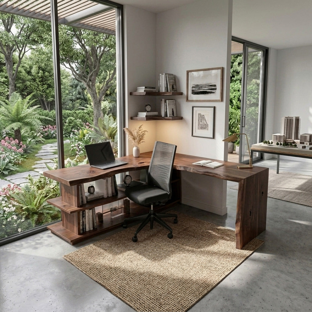 Organic L-Shaped Desk With Shelving For Home Office