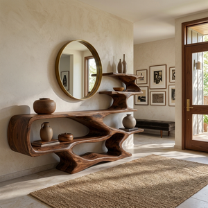 Modern Sculptural Wooden Console Table With Open Shelves For Interior