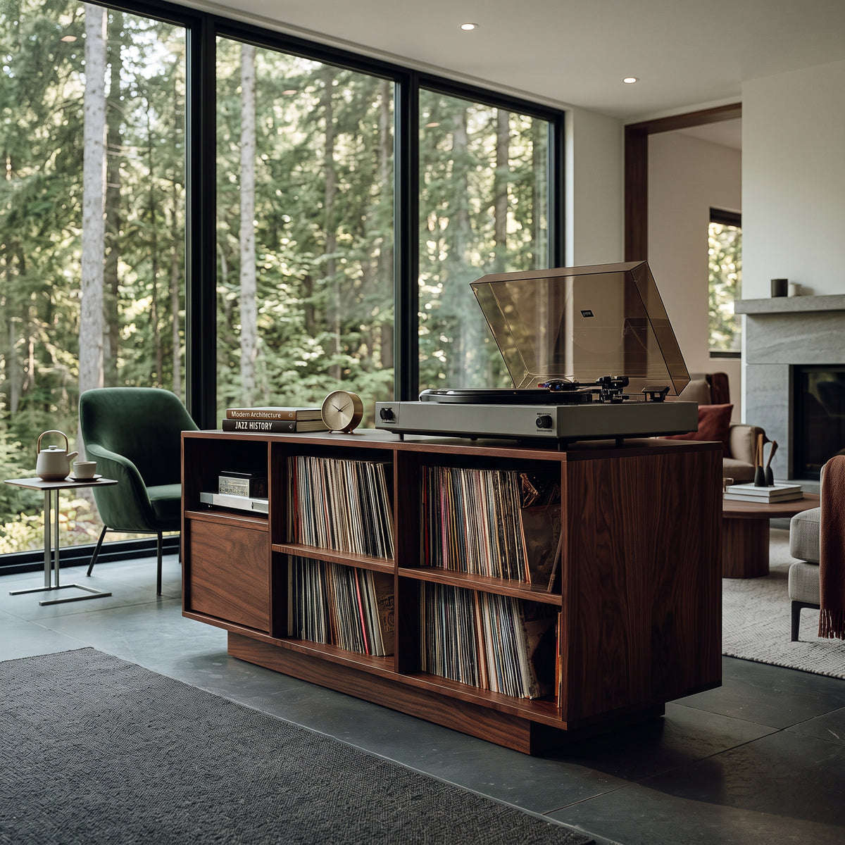 Elegant Vinyl Record Cabinet With Open Compartments For Living Room