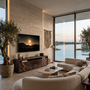 Luxury TV Stand With Sun And Ocean Carved Doors For Living