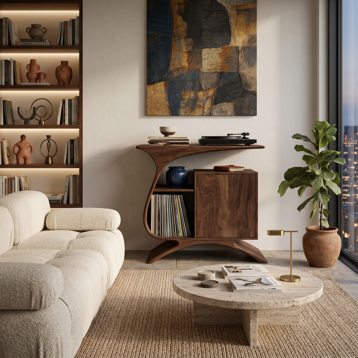 Wooden Record Player Stand With Sculptural Form For Entertainment Room