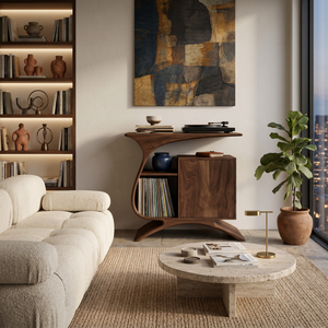 Wooden Record Player Stand With Sculptural Form For Entertainment Room