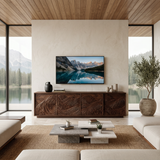 Organic TV Stand With Layered Mountain Carved Doors For Home