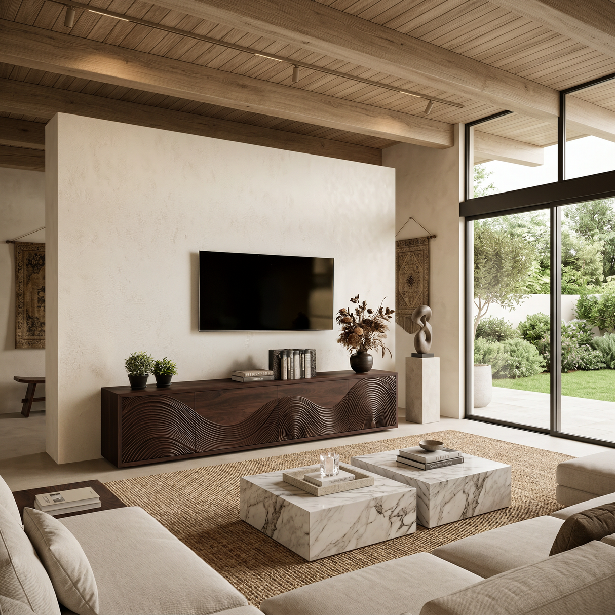 Contemporary TV Stand With Flowing Wave Carved Doors For Living