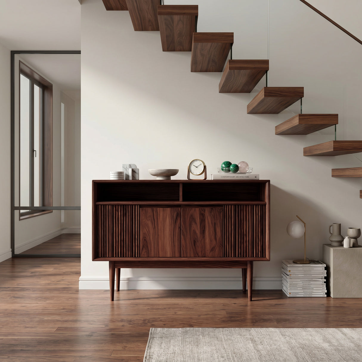 Scandinavian Wooden Console Table With Carved Fluted For Entryway