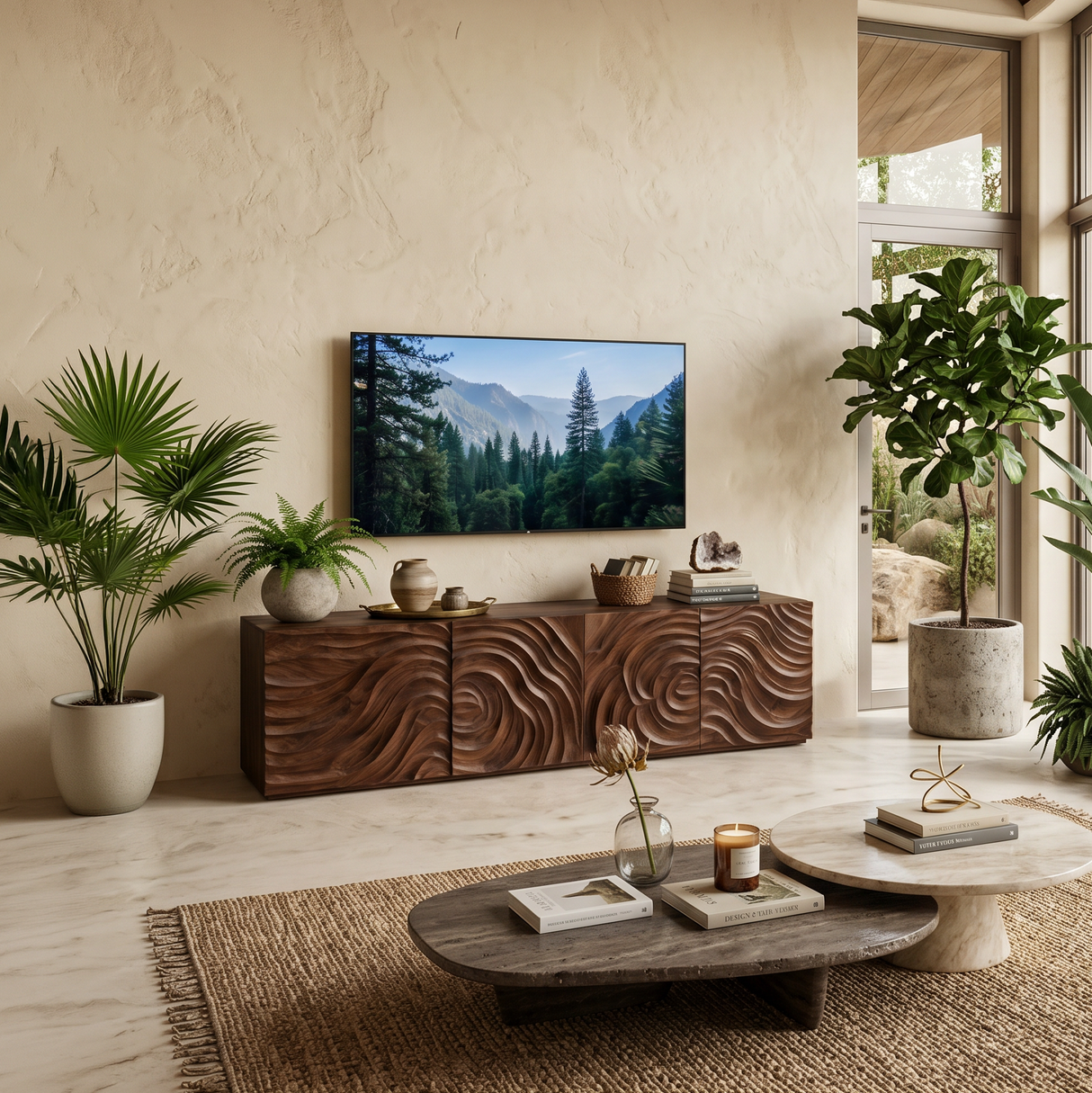 Modern TV Stand With Wave Carved Doors For Living Room