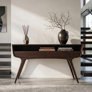 Mid Century Curved Console Table With Drawers For Entryway