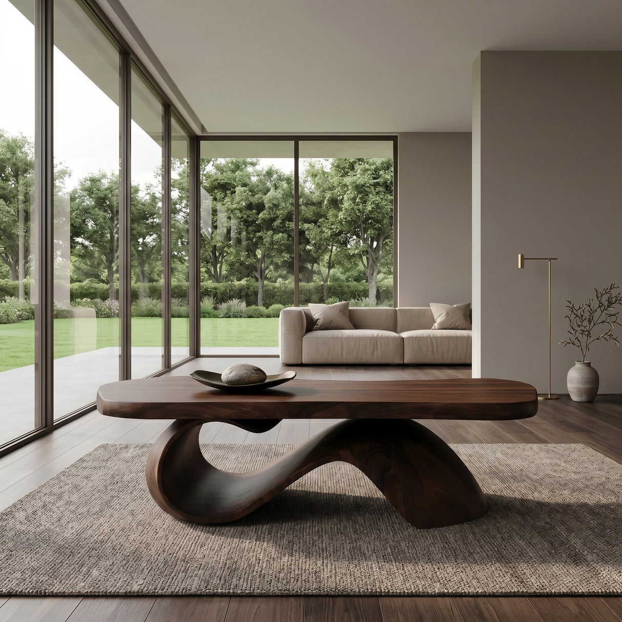Organic Wooden Coffee Table With Sculptural Base For Living Room